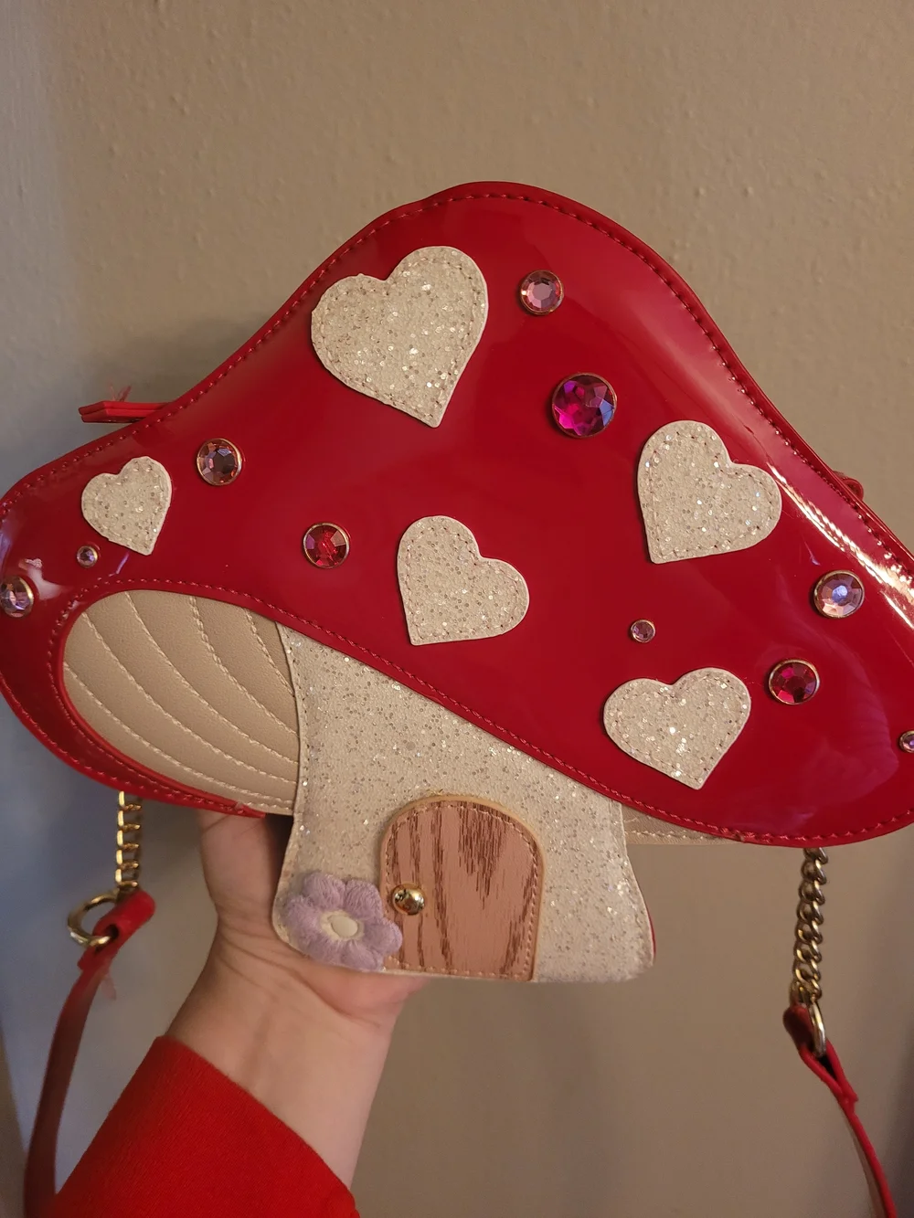 Betsey Johnson Red Mushroom Heart Crossbody Bag Toadstool Sparkly Rhinestone EUC